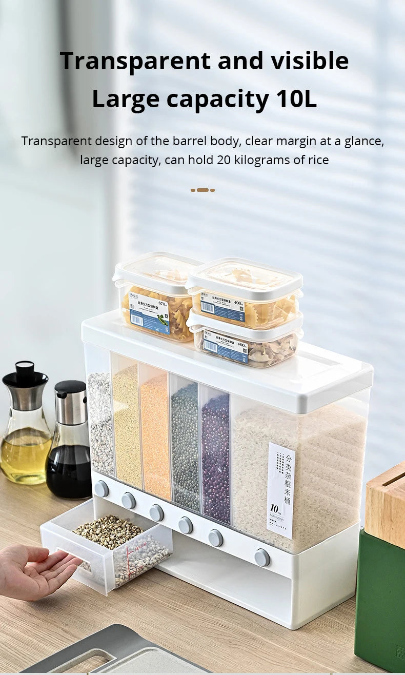 1pc Rice Dispenser Food Dispenser 26LB Rice Drum 6 Grids Storage Dry Food Dispenser Grain Storage Dried Fruit Food Storage Box